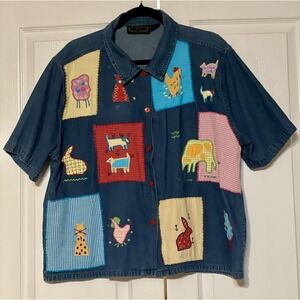 New Direction PLUS Button Up Shirt Womens 2X Blue Denim Farm Animal Applique